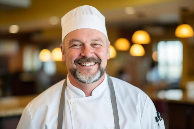 Pose de sorriso amigável sênior caucasiano masculino do chef