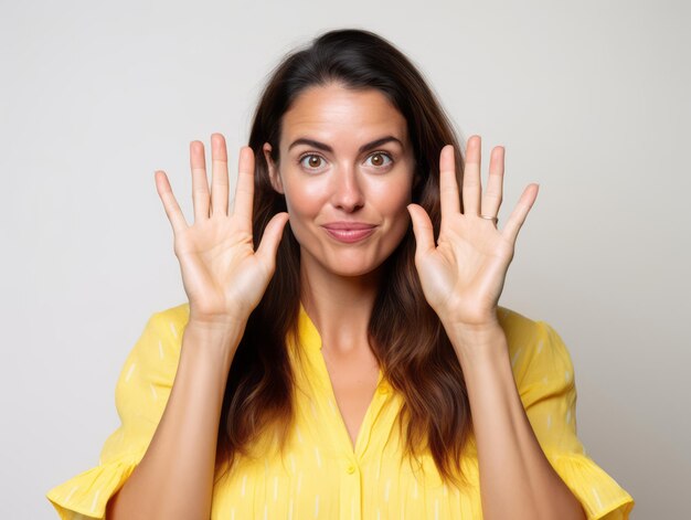 Foto pose dinámica emocional mujer de 30 años