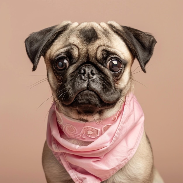 Pose dinámica de PUG BREED DOG con bandana rosa en la cabeza y piel limpia y fresca