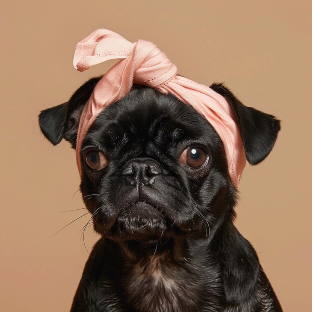 Pose dinámica de PUG BREED DOG con una bandana rosa en la cabeza