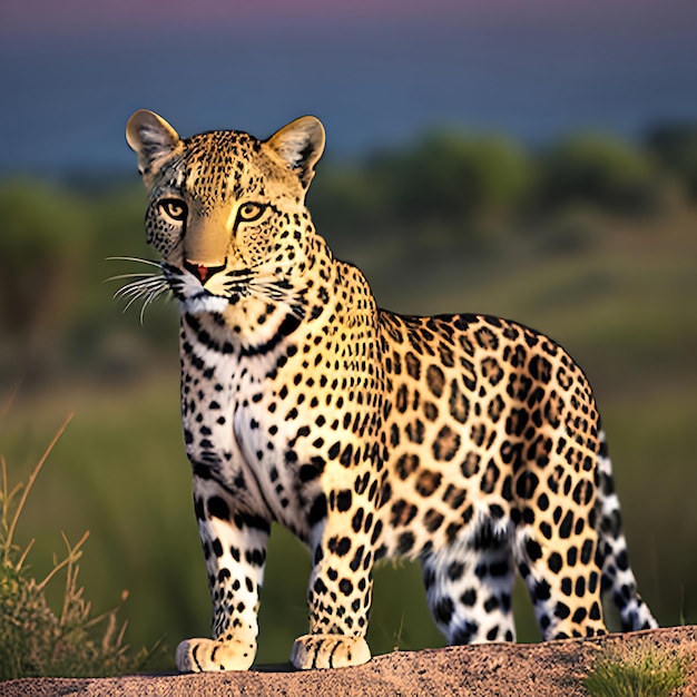 Pose femenina animal leopardo africano en hermosa luz del atardecer