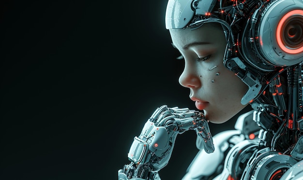 Pose de pensamiento Cyborg femenino sobre fondo oscuro Espacio de copia oscura