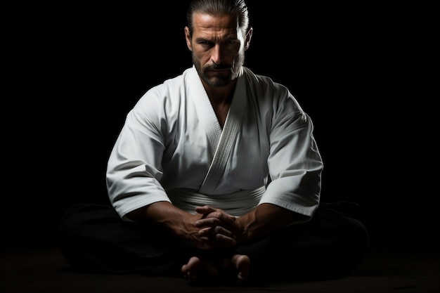 Pose sentada de Aikido en uniforme Hakama sobre fondo negro Ai generativo