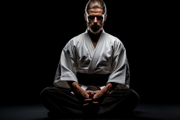 Pose sentada de Aikido em uniforme Hakama em fundo preto Generative Ai