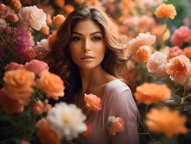 La pose de vista frontal de una mujer en medio de hermosas flores