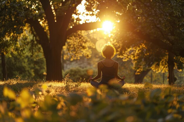 Pose de yoga con luz de fondo en la naturaleza