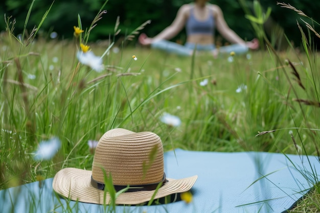 Pose de yoga en el sombrero de prado colocado en la esquina de la alfombra
