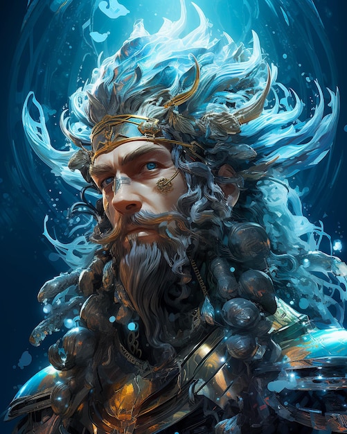 Poseidon Deus do Mar no estilo de personagens 3D luminosos hiper-realistas