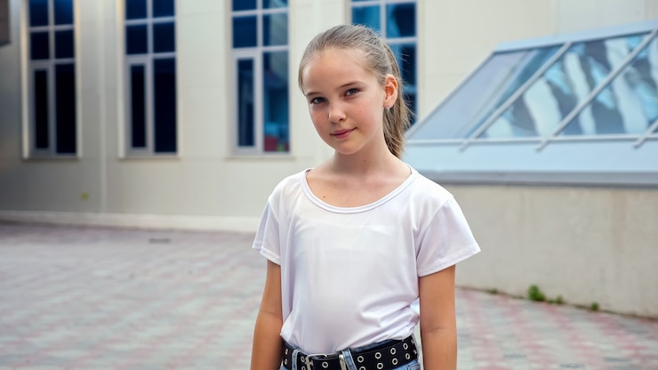Foto poses de modelo de menina olhando em linha reta. adolescente loira de cabelos compridos com uma camiseta branca em pé perto do prédio da escola, sorrindo em um dia ensolarado de verão.