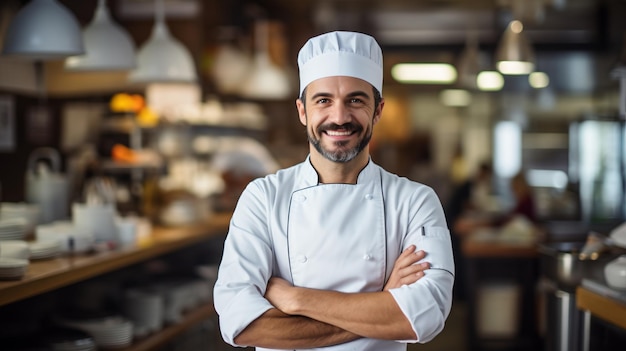 Posição confiante do chef masculino na cozinha