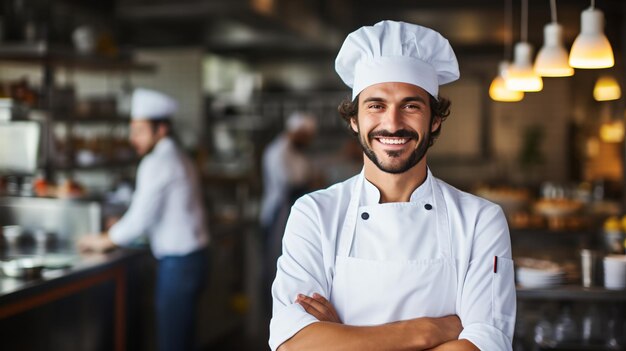 Posição confiante do chef masculino na cozinha