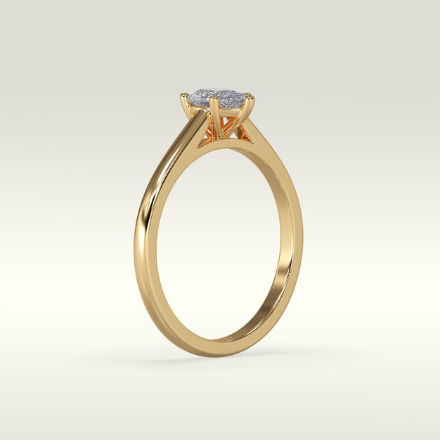 Posición de pie del anillo de compromiso solitario en renderizado 3D de metal dorado