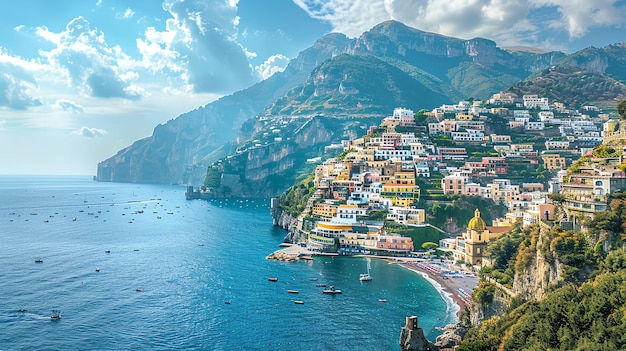 Foto positano, italia una hermosa ciudad costera construida en una ladera con vistas al mar mediterráneo