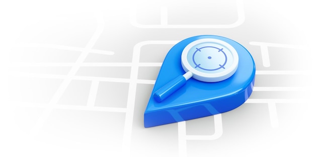 Positionskarten-Pin-Symbol des GPS-Navigationsmarkierungssymbols oder Reisepositionszeigermarkierung und Lieferung finden Wegweiser auf Suchort Ziel 3D-Adresse Hintergrund mit Lupe Entdeckungsstraße.