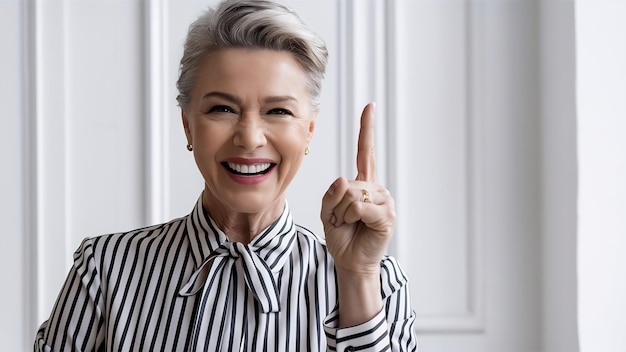 Positiva atractiva mujer europea de mediana edad en camisa a rayas sonriendo con confianza con el dedo delantero