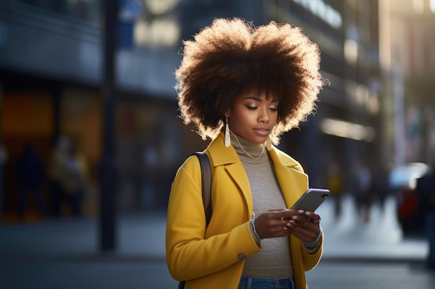 Positive afrikanisch-amerikanische junge Frau mit gelben und schwarzen Afro-Haaren, die ein Mobiltelefon durchsucht