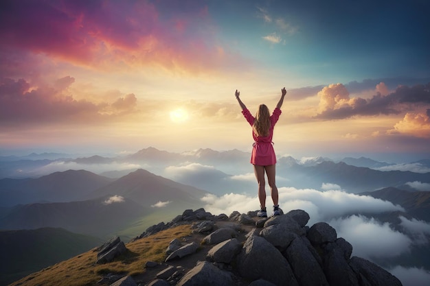 Positive Frau feiert auf dem Berggipfel den Erfolg ai generative