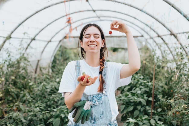 Positive Frau Landarbeiter Verkostung geerntete Erdbeeren arbeiten im Gewächshaus Gesunder Lebensstil und gesunde ErnährungObst und Beeren Bäuerin mit Erdbeerernte Lächelnde Frau mit Strohhalmen
