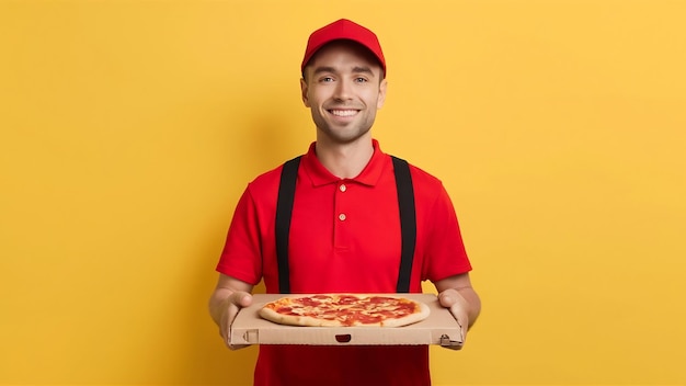 Positive Liefermann in voller Länge in roter Uniform lächelt und hält eine Pizza-Schachtel, die über gelb isoliert ist