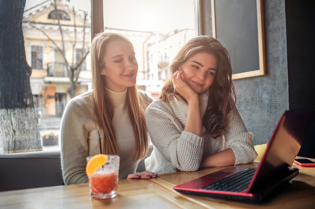 Positive und nette junge Frauen sitzen drinnen am Tisch und schauen auf den Laptop