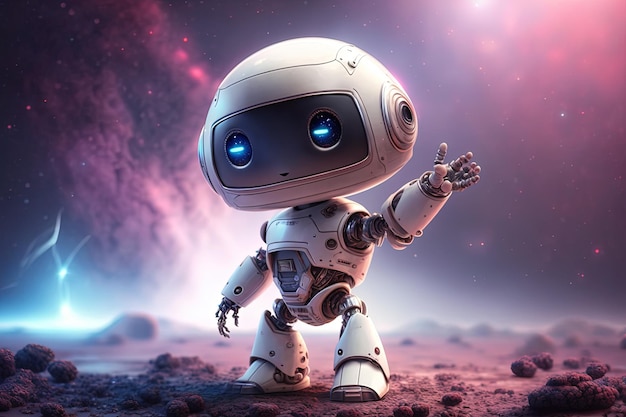 Positiver süßer Roboter, der auf violettem Hintergrund auf den Weltraum zeigt androide Oberfläche des Mars kalte Farbtöne hochauflösende Kunst generative künstliche Intelligenz
