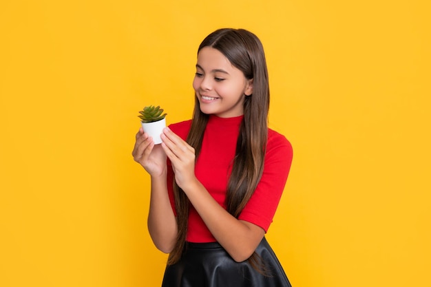 Positives Mädchen mit Kaktus im Topf auf gelbem Hintergrund