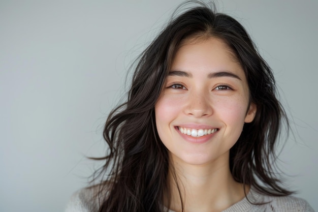 Positives Nahaufnahmeporträt einer lächelnden jungen Frau im Studio
