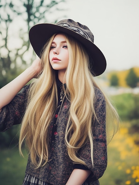 Positives Porträt einer stilvollen Hipster-Mädchen mit langen blonden Haaren und einem Vintage-Hut