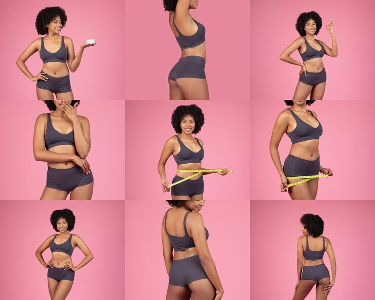 Foto positividade corporal e exibição de fitness com diversas poses em fundo rosa