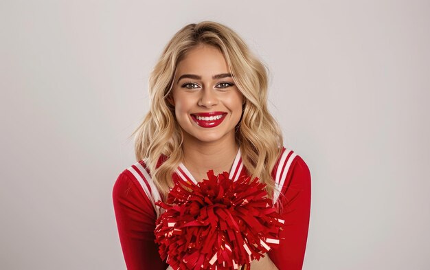 Foto positividade personificada cheerleader loira brilha em uniforme sorridente cheerleading loira está em pé alto