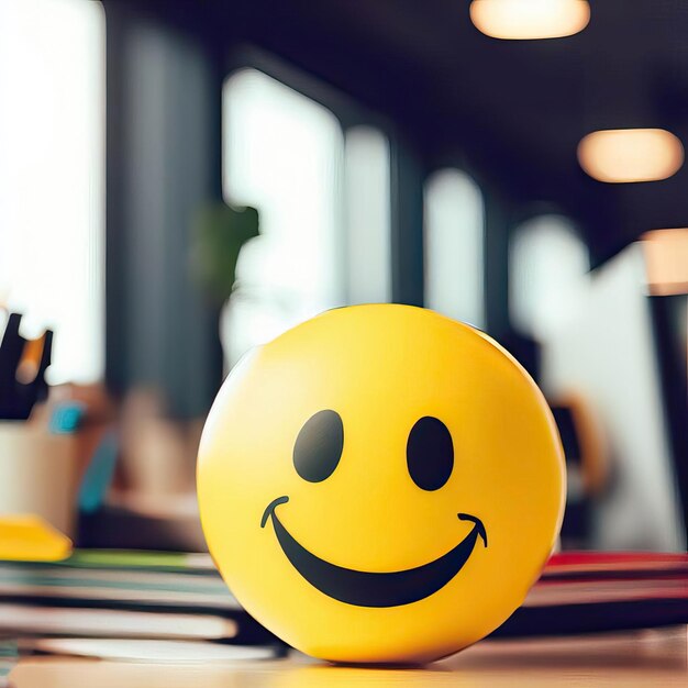 Positivität am Arbeitsplatz mit einem gelb lächelnden Smiley-Ball im BüroinnenraumGenerative KI