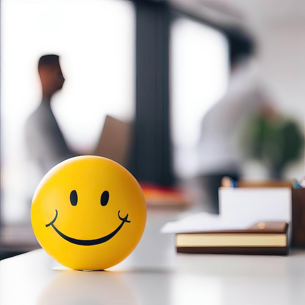 Positivität am Arbeitsplatz mit einem gelben lächelnden Smiley-Ball im BürointerieurGenerative KI