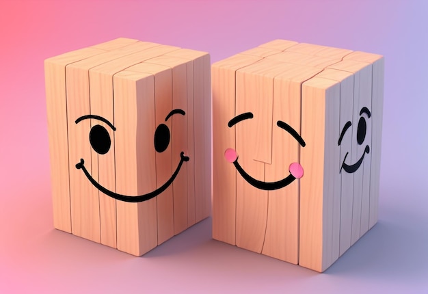 Positivität umarmendes Lächeln-Gesicht auf der hellen Seite und trauriges Gesicht auf der dunklen Seite auf Holzblock-Würfel E