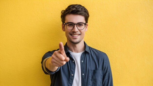 Positivo hermoso hombre sonriente indica en usted puntos con el dedo índice directamente lleva fashionab