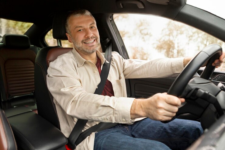 Foto positivo sentado dentro de seu próprio carro de luxo segurando a mão no volante e sorrindo para a câmera