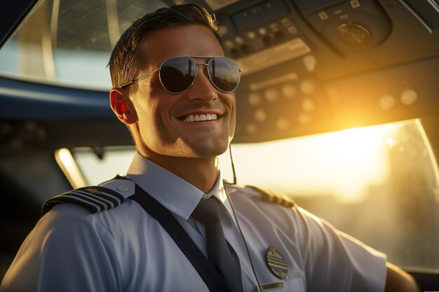 Foto positivo sonriente piloto guapo volando un avión con gafas de sol en un día soleado