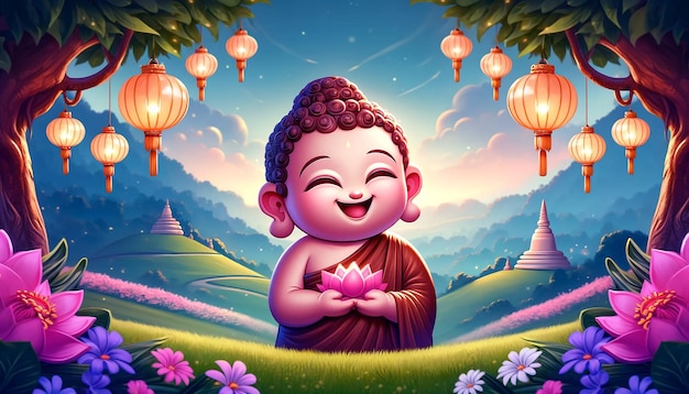 Poson Poya Day mit einem niedlichen Buddha im Cartoon-Stil in einer freudigen und willkommenen Pose
