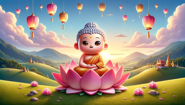 Poson Poya Day mit einem niedlichen Buddha im Cartoon-Stil in einer freudigen und willkommenen Pose