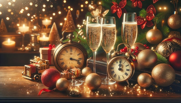 Possui um elegante copo de champanhe, um relógio vintage que se aproxima da meia-noite e brilhantes ornamentos de árvores de Natal, todos contra um pano de fundo com um efeito bokeh suave de luzes cintilantes.
