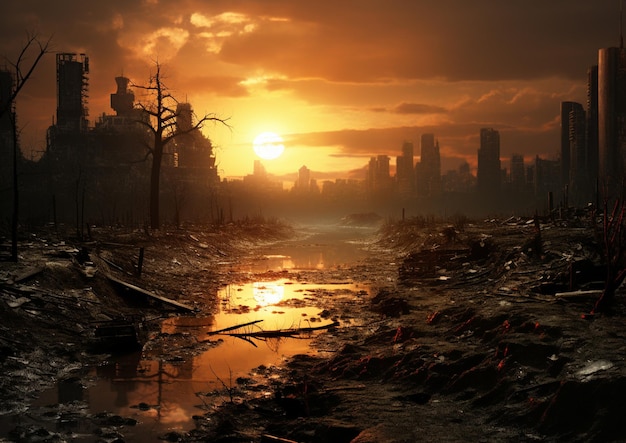 Post apocalipsis Sobreviviente del apocalipsis nuclear Concepto de paisaje urbano en ruinas Ilustración 3d de alta calidad