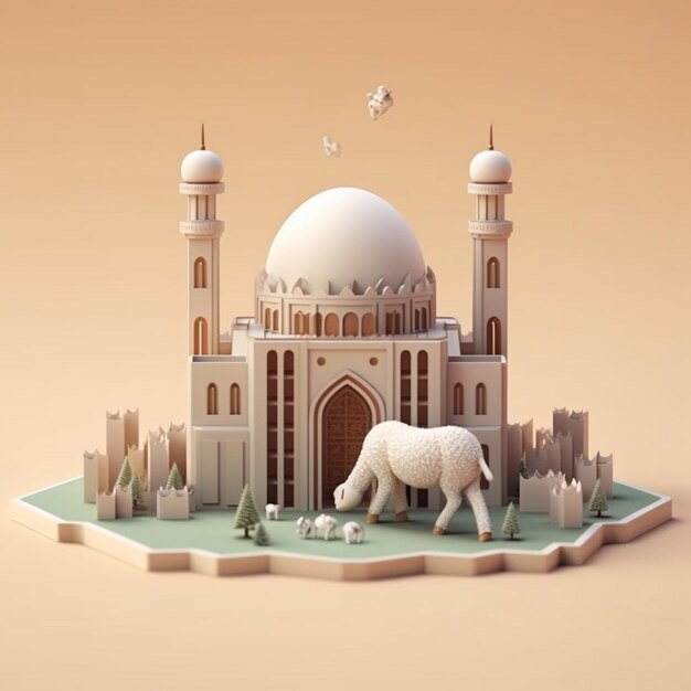 Foto post de mídia social eid al adha incluindo ovelhas 3d com mesquita islâmica