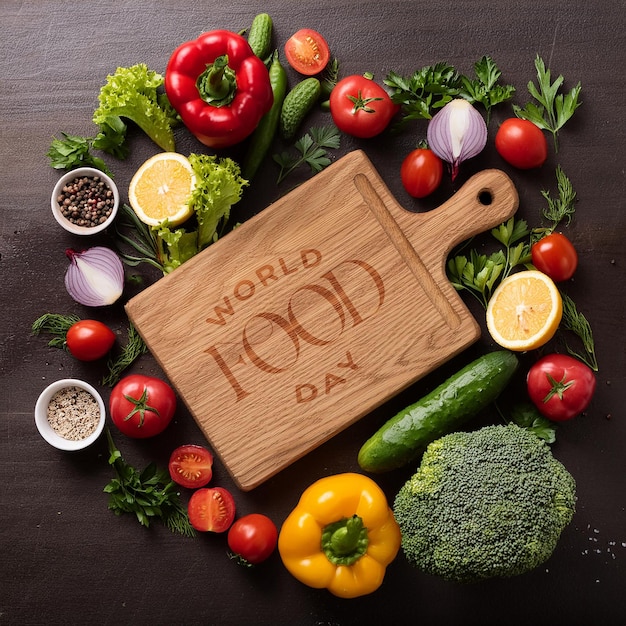 Postagem do Dia Mundial da Alimentação com vegetais e uma tábua de cortar
