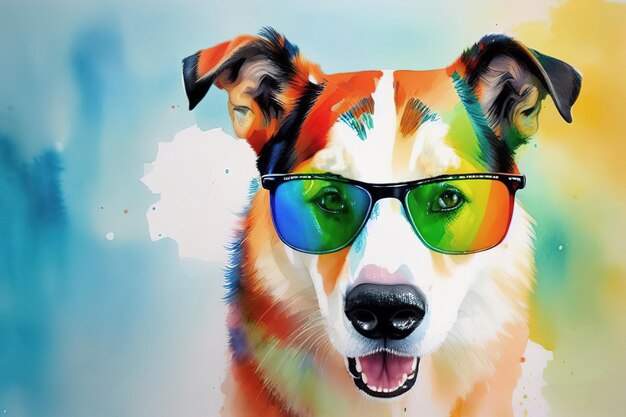 Postal de acuarela con perro mascota con gafas de sol de arcoíris IA generativa