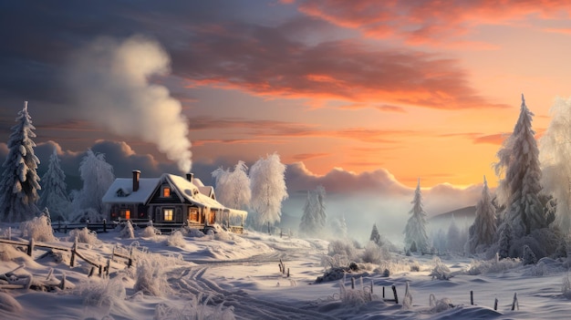 Postal con una antigua casa de madera en el espacio libre del bosque invernal Idea de tarjeta de Navidad