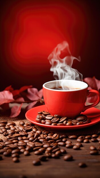 Postal fotográfica mágica Una taza de café roja sobre la mesa y granos de café con fondo rojo.