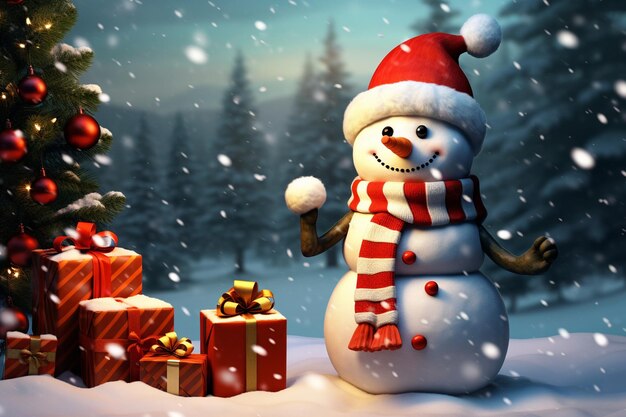 postal navideña de muñeco de nieve con regalos de navidad ilustración 3d