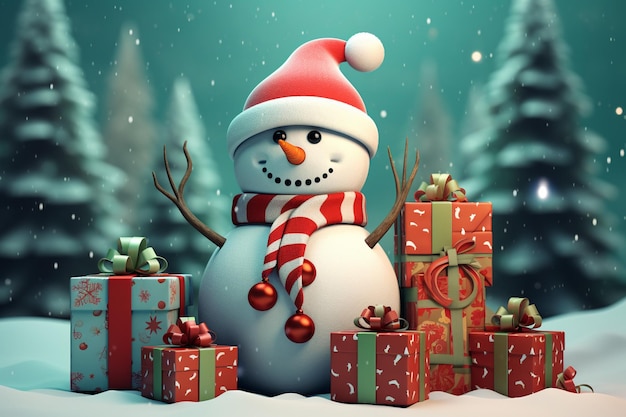 postal navideña de muñeco de nieve con regalos de navidad ilustración 3d