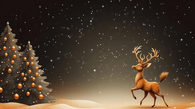 Postal navideña de tinte dorado con árbol de Navidad y espacio para copiar ciervos