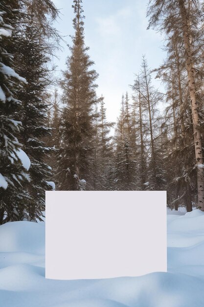 Foto postal de papel vacío que yace en un paisaje nevado con pinos medio disparado ultradetailed
