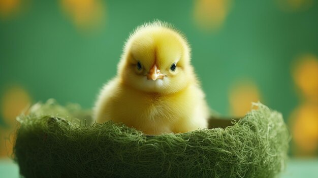 Postal temática de Pascua con un pequeño pollo amarillo en una cáscara de huevo